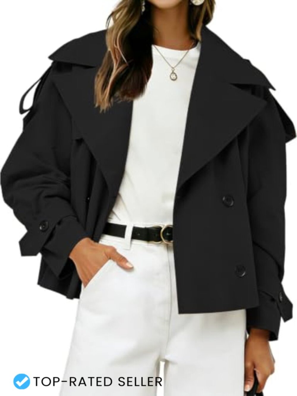 Double Breasted Cropped Trench Coat with Belt Waterproof Loose Fit